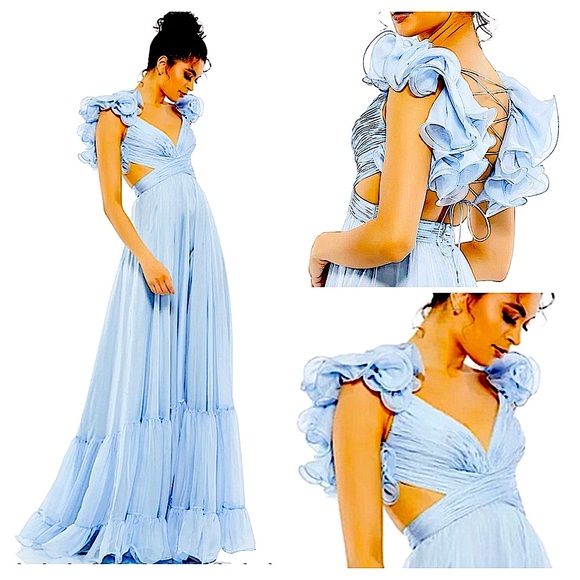 MAC DUGGAL RUFFLE TIERED CUTOUT CHIFFON GOWN ADJUSTABLE LACE UP BK 67911 SIZE 2 - Picture 1 of 13